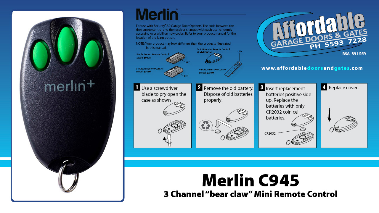 2 x Merlin C945 C940 Genuine/Original Garage/Gate Door Remote MR600 MR650 MT60